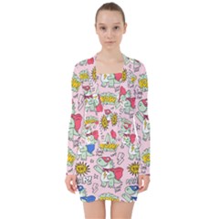 Seamless-pattern-with-many-funny-cute-superhero-dinosaurs-t-rex-mask-cloak-with-comics-style-inscrip V-neck Bodycon Long Sleeve Dress by uniart180623