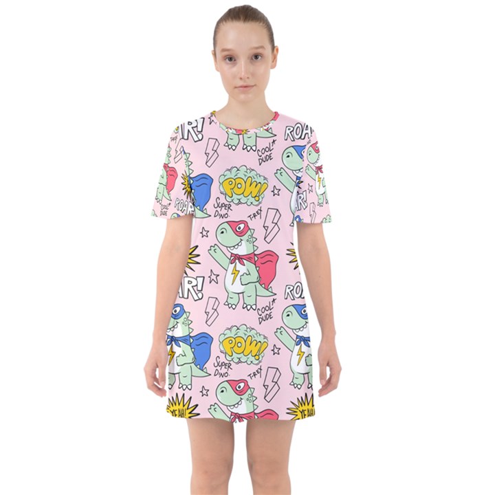 Seamless-pattern-with-many-funny-cute-superhero-dinosaurs-t-rex-mask-cloak-with-comics-style-inscrip Sixties Short Sleeve Mini Dress