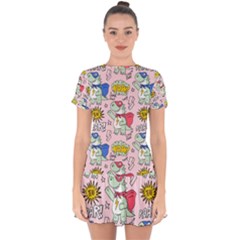 Seamless-pattern-with-many-funny-cute-superhero-dinosaurs-t-rex-mask-cloak-with-comics-style-inscrip Drop Hem Mini Chiffon Dress by uniart180623