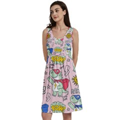 Seamless-pattern-with-many-funny-cute-superhero-dinosaurs-t-rex-mask-cloak-with-comics-style-inscrip Classic Skater Dress by uniart180623