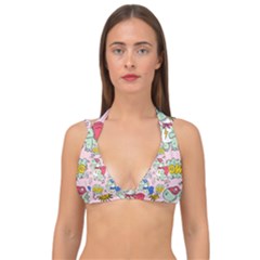 Seamless-pattern-with-many-funny-cute-superhero-dinosaurs-t-rex-mask-cloak-with-comics-style-inscrip Double Strap Halter Bikini Top by uniart180623