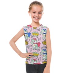 Seamless-pattern-with-many-funny-cute-superhero-dinosaurs-t-rex-mask-cloak-with-comics-style-inscrip Kids  Mesh Tank Top by uniart180623