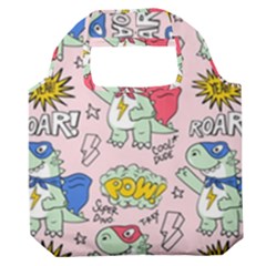 Seamless-pattern-with-many-funny-cute-superhero-dinosaurs-t-rex-mask-cloak-with-comics-style-inscrip Premium Foldable Grocery Recycle Bag by uniart180623