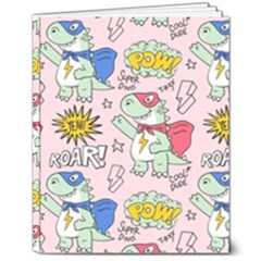 Seamless-pattern-with-many-funny-cute-superhero-dinosaurs-t-rex-mask-cloak-with-comics-style-inscrip 8  X 10  Hardcover Notebook by uniart180623