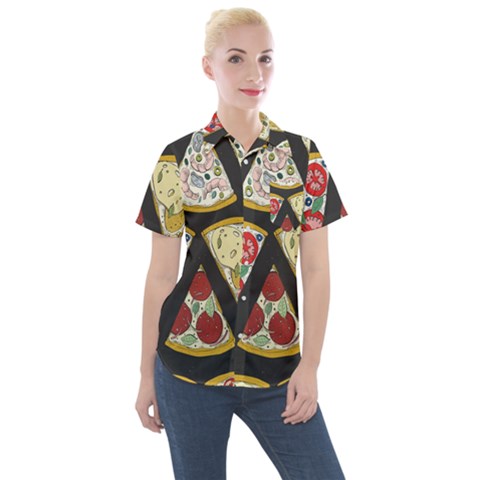 Vector-seamless-pattern-with-italian-pizza-top-view Women s Short Sleeve Pocket Shirt by uniart180623