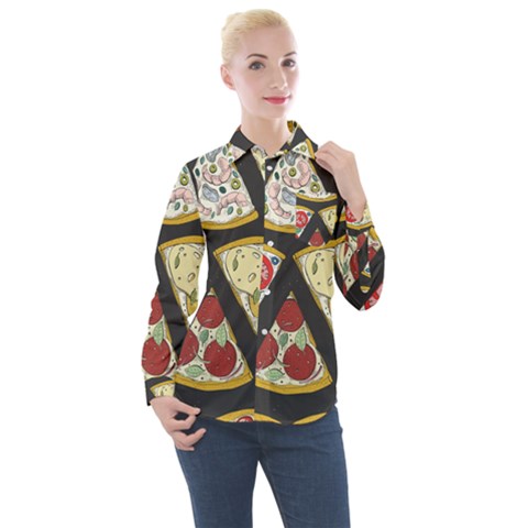 Vector-seamless-pattern-with-italian-pizza-top-view Women s Long Sleeve Pocket Shirt by uniart180623