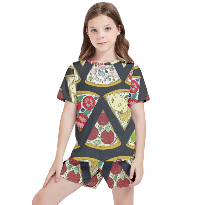 Vector-seamless-pattern-with-italian-pizza-top-view Kids  Tee And Sports Shorts Set