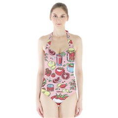 Tomato-seamless-pattern-juicy-tomatoes-food-sauce-ketchup-soup-paste-with-fresh-red-vegetables Halter Swimsuit by uniart180623