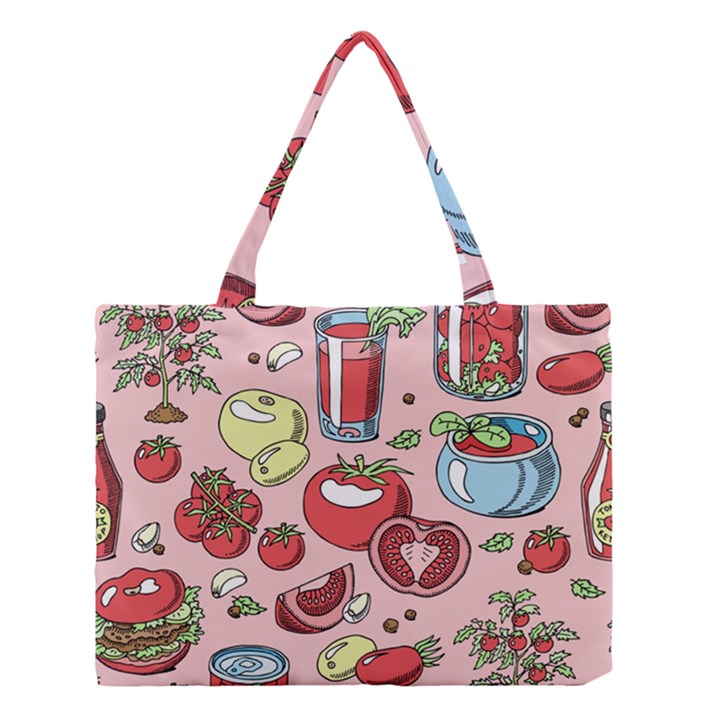 Tomato-seamless-pattern-juicy-tomatoes-food-sauce-ketchup-soup-paste-with-fresh-red-vegetables Medium Tote Bag