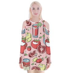 Tomato-seamless-pattern-juicy-tomatoes-food-sauce-ketchup-soup-paste-with-fresh-red-vegetables Velvet Long Sleeve Shoulder Cutout Dress by uniart180623