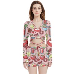 Tomato-seamless-pattern-juicy-tomatoes-food-sauce-ketchup-soup-paste-with-fresh-red-vegetables Velvet Wrap Crop Top And Shorts Set by uniart180623