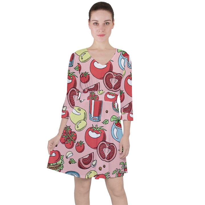 Tomato-seamless-pattern-juicy-tomatoes-food-sauce-ketchup-soup-paste-with-fresh-red-vegetables Quarter Sleeve Ruffle Waist Dress