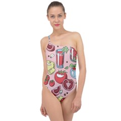 Tomato-seamless-pattern-juicy-tomatoes-food-sauce-ketchup-soup-paste-with-fresh-red-vegetables Classic One Shoulder Swimsuit by uniart180623