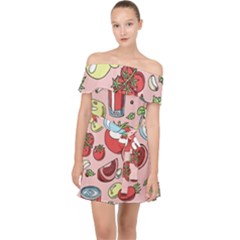 Tomato-seamless-pattern-juicy-tomatoes-food-sauce-ketchup-soup-paste-with-fresh-red-vegetables Off Shoulder Chiffon Dress by uniart180623