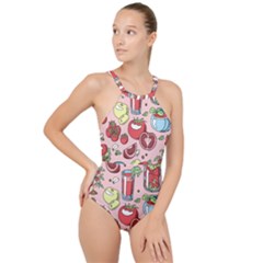 Tomato-seamless-pattern-juicy-tomatoes-food-sauce-ketchup-soup-paste-with-fresh-red-vegetables High Neck One Piece Swimsuit by uniart180623