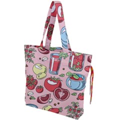 Tomato-seamless-pattern-juicy-tomatoes-food-sauce-ketchup-soup-paste-with-fresh-red-vegetables Drawstring Tote Bag by uniart180623