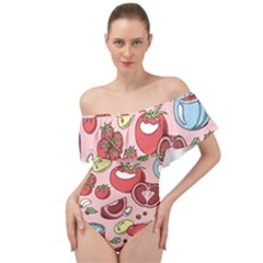 Tomato-seamless-pattern-juicy-tomatoes-food-sauce-ketchup-soup-paste-with-fresh-red-vegetables Off Shoulder Velour Bodysuit  by uniart180623