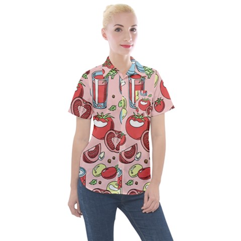 Tomato-seamless-pattern-juicy-tomatoes-food-sauce-ketchup-soup-paste-with-fresh-red-vegetables Women s Short Sleeve Pocket Shirt by uniart180623