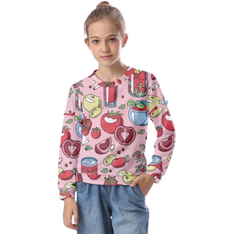 Tomato-seamless-pattern-juicy-tomatoes-food-sauce-ketchup-soup-paste-with-fresh-red-vegetables Kids  Long Sleeve Tee With Frill  by uniart180623