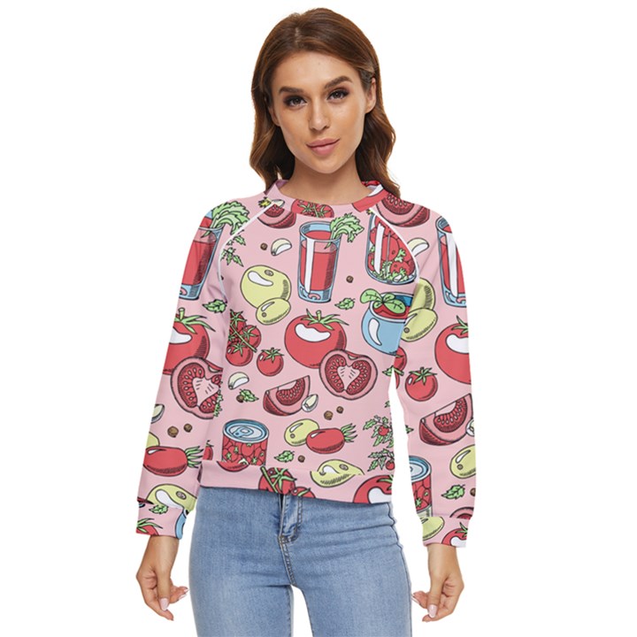 Tomato-seamless-pattern-juicy-tomatoes-food-sauce-ketchup-soup-paste-with-fresh-red-vegetables Women s Long Sleeve Raglan Tee