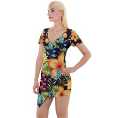 Fabulous-colorful-floral-seamless Short Sleeve Asymmetric Mini Dress by uniart180623