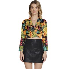 Fabulous-colorful-floral-seamless Long Sleeve Tie Back Satin Wrap Top by uniart180623