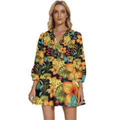 Fabulous-colorful-floral-seamless V-neck Placket Mini Dress by uniart180623