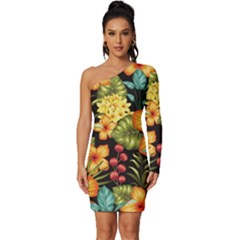 Fabulous-colorful-floral-seamless Long Sleeve One Shoulder Mini Dress by uniart180623