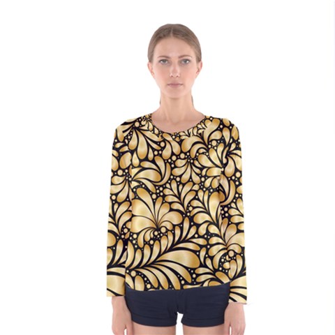 Damask-teardrop-gold-ornament-seamless-pattern Women s Long Sleeve Tee by uniart180623