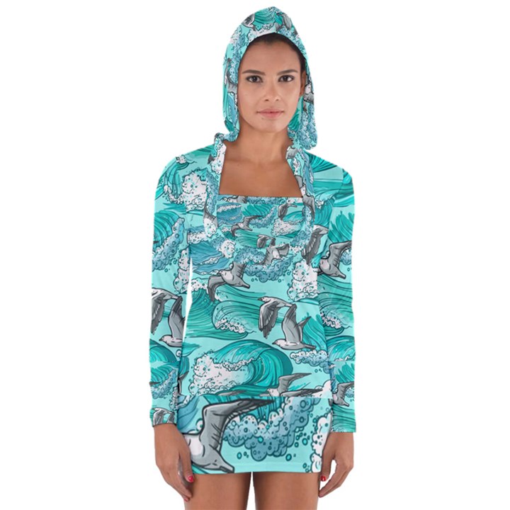 Sea-waves-seamless-pattern Long Sleeve Hooded T-shirt