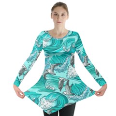 Sea-waves-seamless-pattern Long Sleeve Tunic  by uniart180623