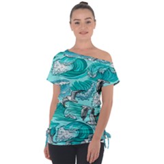 Sea-waves-seamless-pattern Off Shoulder Tie-up Tee