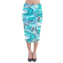 Sea-waves-seamless-pattern Velvet Midi Pencil Skirt by uniart180623