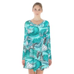 Sea-waves-seamless-pattern Long Sleeve Velvet V-neck Dress by uniart180623