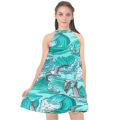 Sea-waves-seamless-pattern Halter Neckline Chiffon Dress  by uniart180623