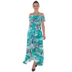 Sea-waves-seamless-pattern Off Shoulder Open Front Chiffon Dress by uniart180623