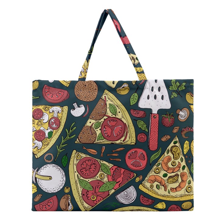 Vector-seamless-pizza-slice-pattern-hand-drawn-pizza-illustration-great-pizzeria-menu-background Zipper Large Tote Bag