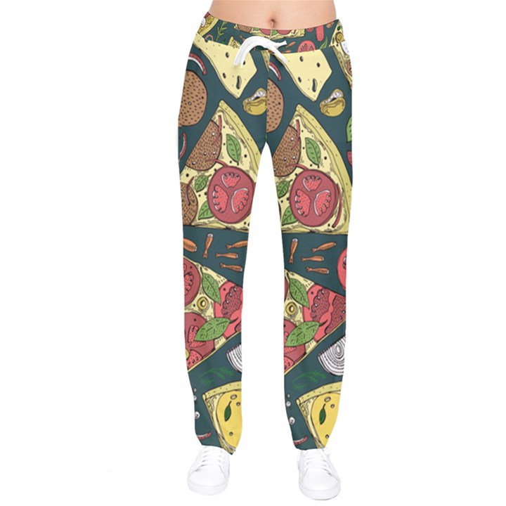 Vector-seamless-pizza-slice-pattern-hand-drawn-pizza-illustration-great-pizzeria-menu-background Women Velvet Drawstring Pants