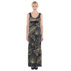 Elegant-pattern-with-golden-tropical-leaves Thigh Split Maxi Dress by uniart180623