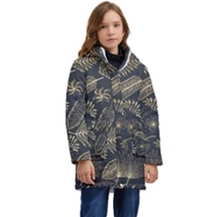 Elegant-pattern-with-golden-tropical-leaves Kids  Hooded Longline Puffer Jacket by uniart180623