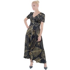 Elegant-pattern-with-golden-tropical-leaves Button Up Short Sleeve Maxi Dress by uniart180623