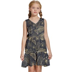 Elegant-pattern-with-golden-tropical-leaves Kids  Sleeveless Tiered Mini Dress by uniart180623