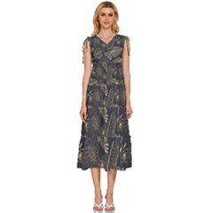 Elegant-pattern-with-golden-tropical-leaves V-neck Drawstring Shoulder Sleeveless Maxi Dress by uniart180623