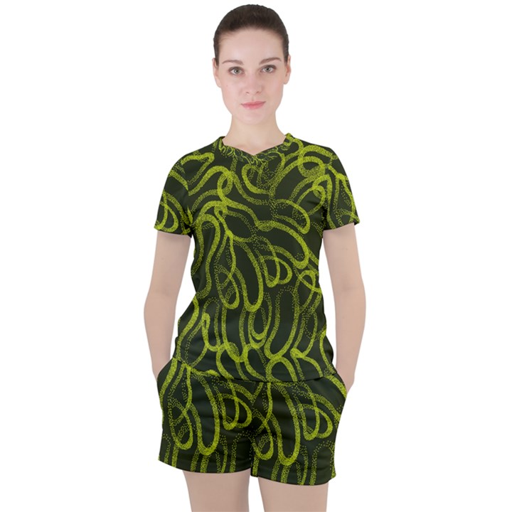 Green-abstract-stippled-repetitive-fashion-seamless-pattern Women s Tee and Shorts Set