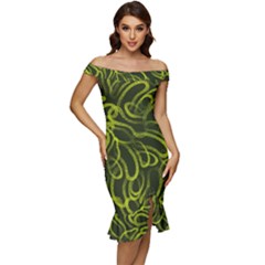 Green-abstract-stippled-repetitive-fashion-seamless-pattern Off Shoulder Ruffle Split Hem Bodycon Dress by uniart180623