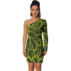 Green-abstract-stippled-repetitive-fashion-seamless-pattern Long Sleeve One Shoulder Mini Dress by uniart180623