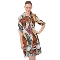 Natural-seamless-pattern-with-tiger-blooming-orchid Long Sleeve Mini Shirt Dress by uniart180623