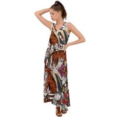 Natural-seamless-pattern-with-tiger-blooming-orchid V-neck Chiffon Maxi Dress by uniart180623