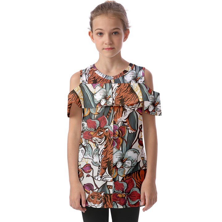 Natural-seamless-pattern-with-tiger-blooming-orchid Fold Over Open Sleeve Top