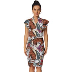 Natural-seamless-pattern-with-tiger-blooming-orchid Vintage Frill Sleeve V-neck Bodycon Dress by uniart180623